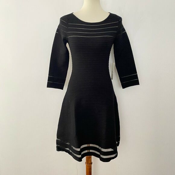 Eliza J Mesh Fit & Flare Dress 3/4 Sleeve Bateau Neck Black XS - Picture 2 of 9